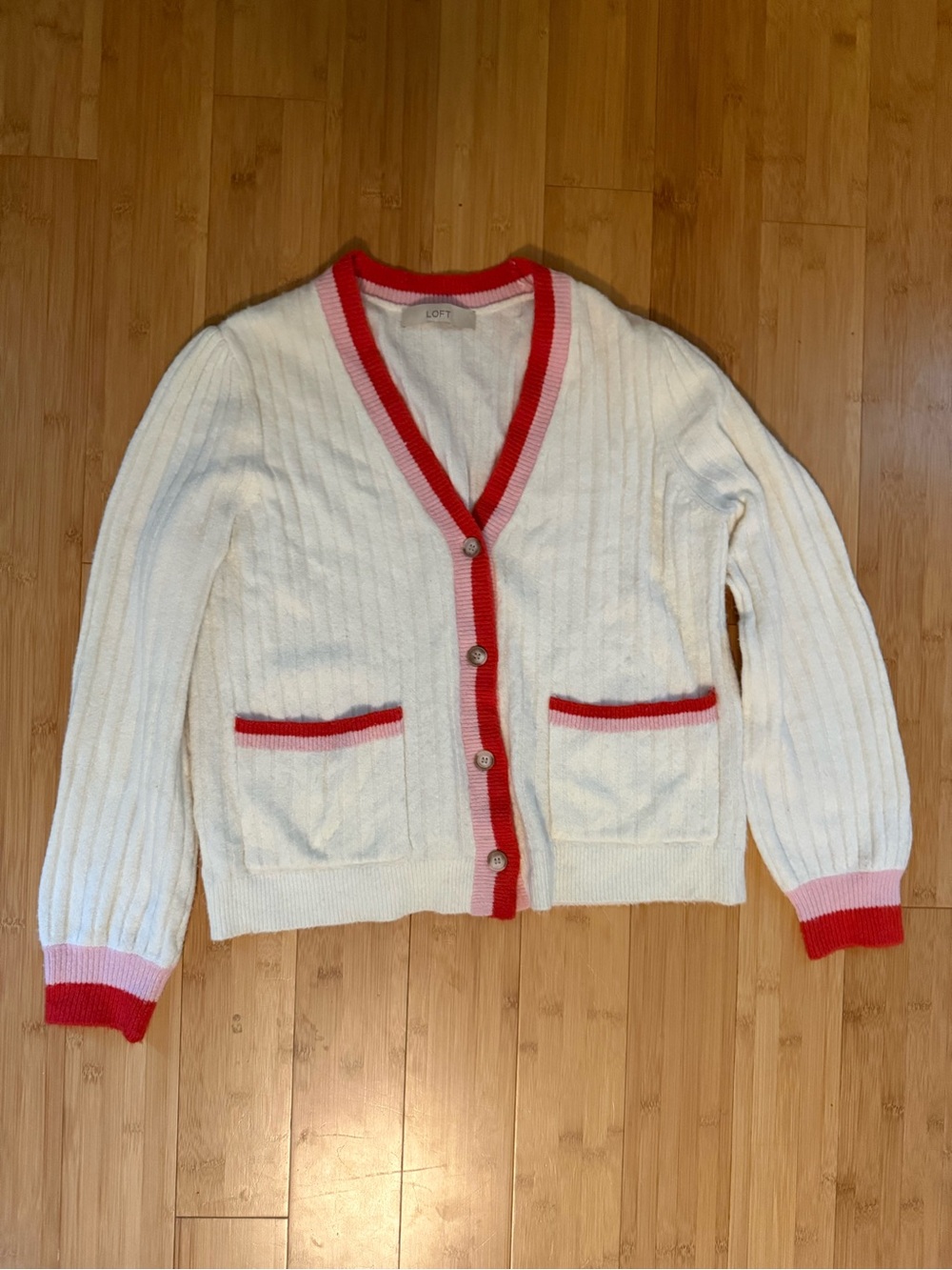 LOFT Cream Cardigan with Pink and Red Contrast Trim